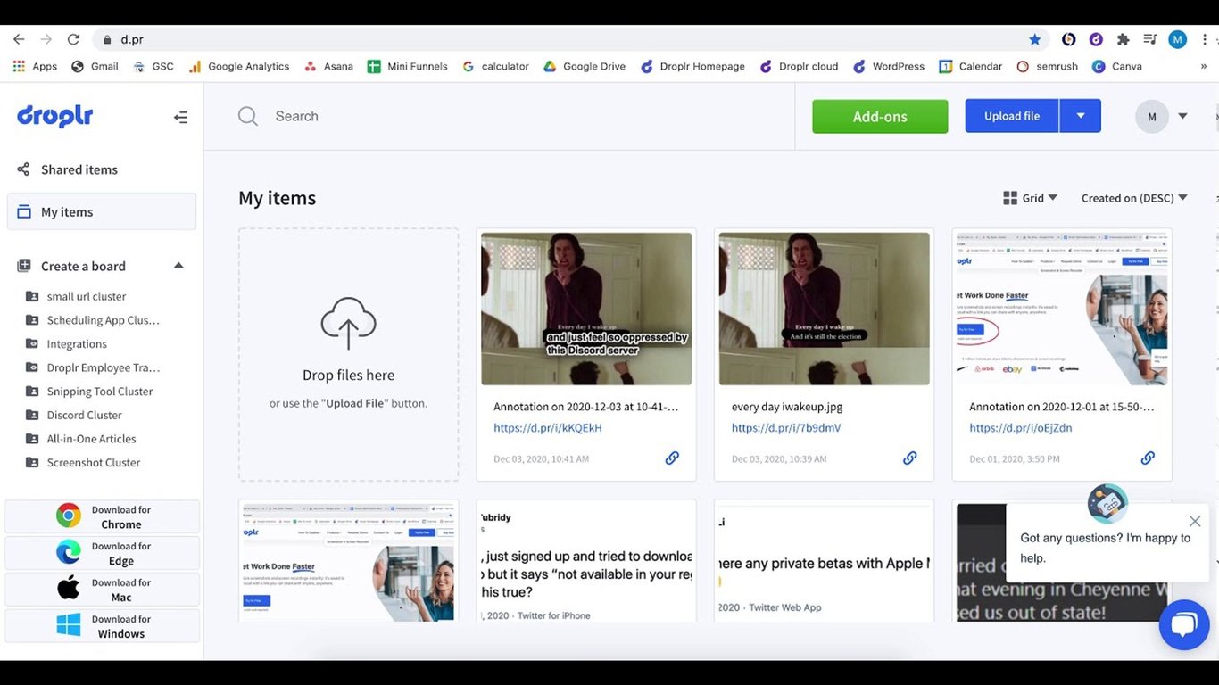 Droplr dashboard