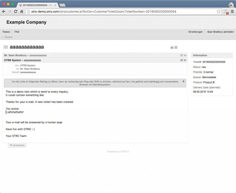 A screenshot of OTRS ticketing system