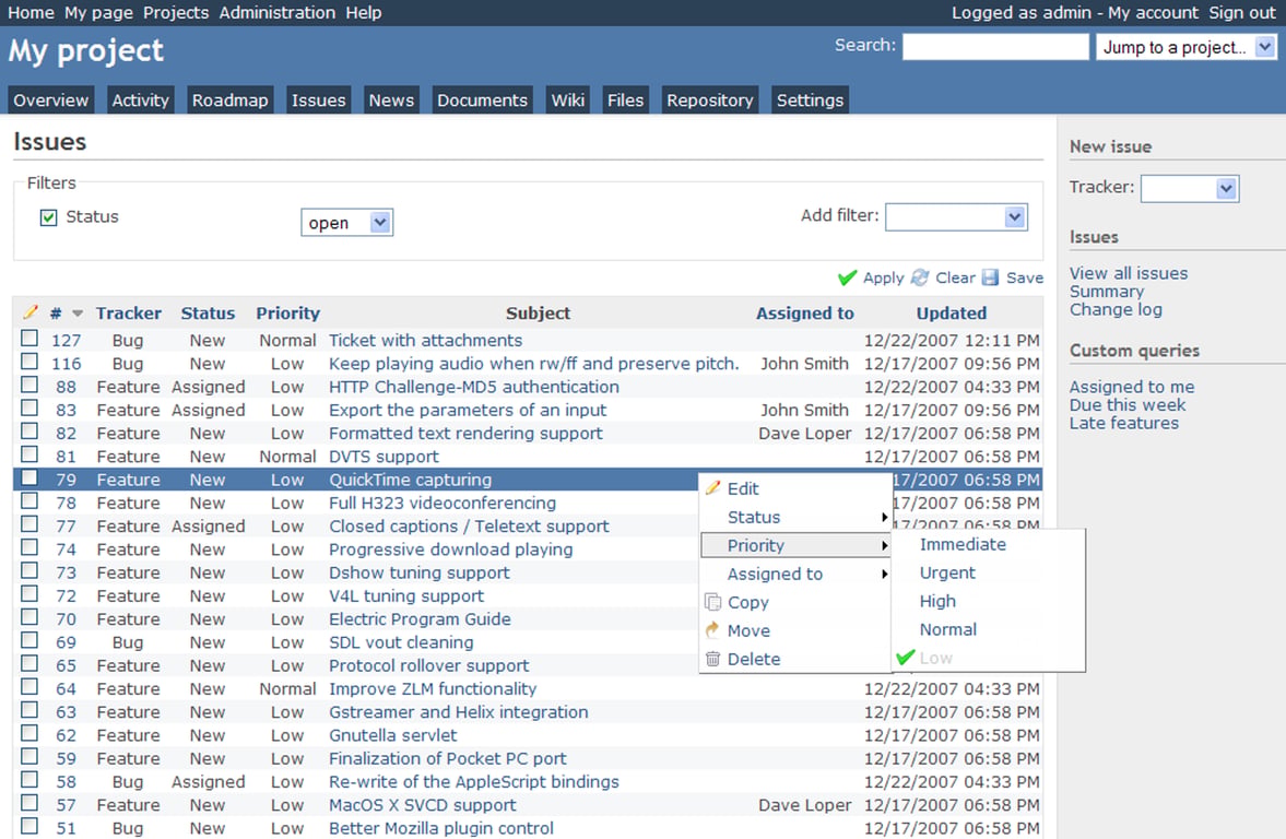 A screenshot of Redmine issue page