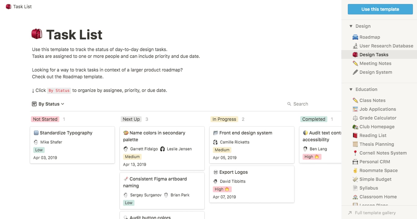 Project management with Notion