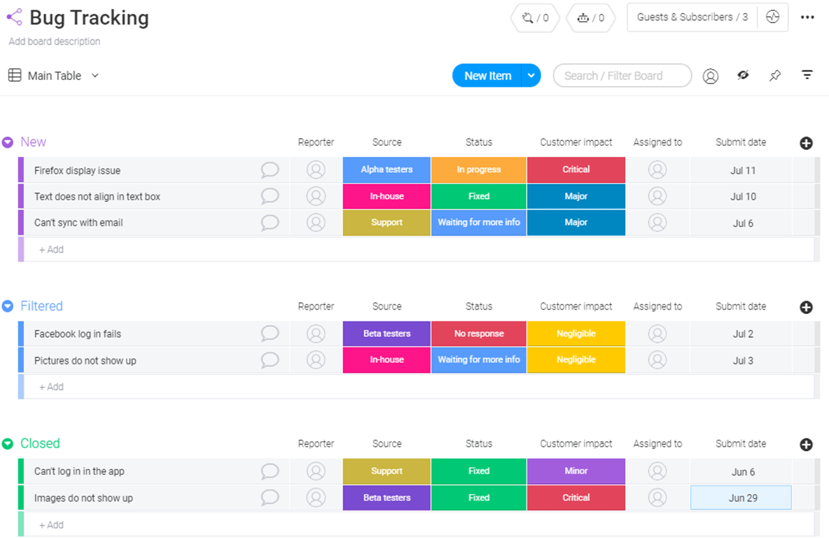 Bug tracking with Monday.com