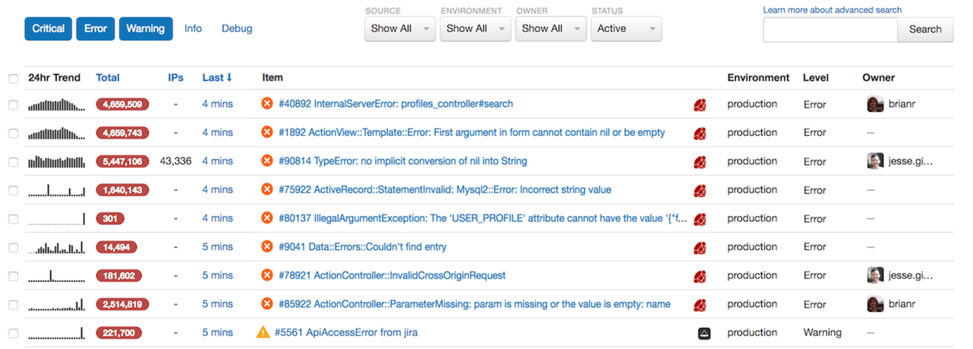 Rollbar bug tracking