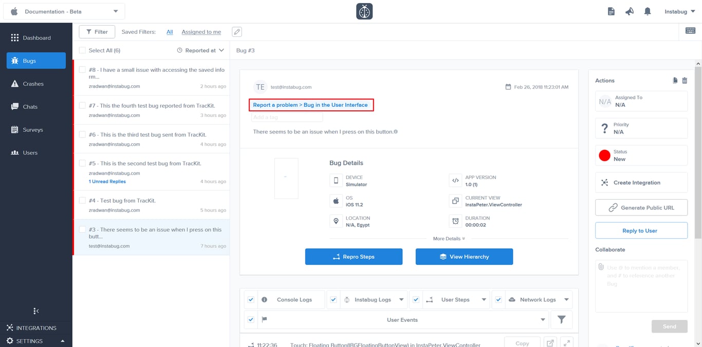 Instabug bug report