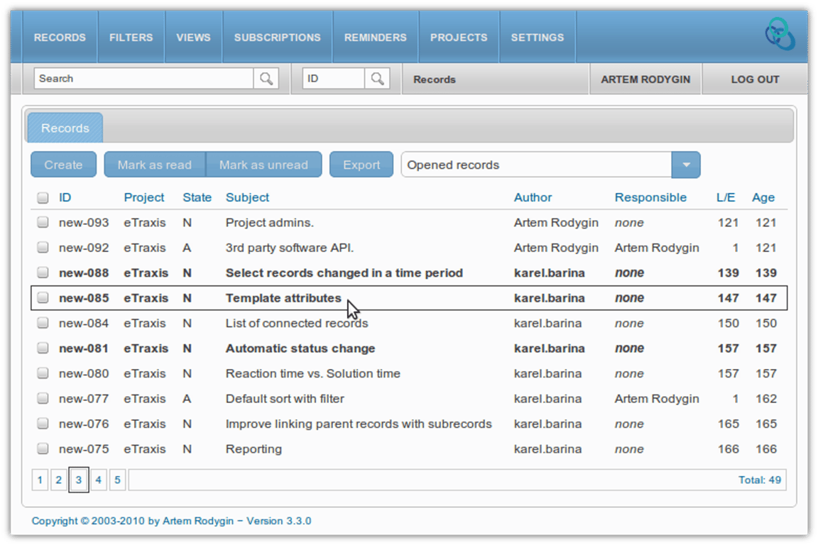 eTraxis dashboard